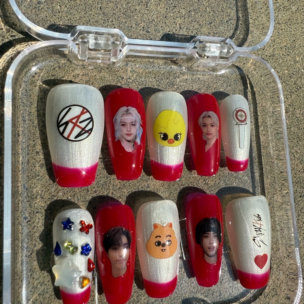 Red and White SKZ Stray Kids KPop Nail Art Set Felix Han